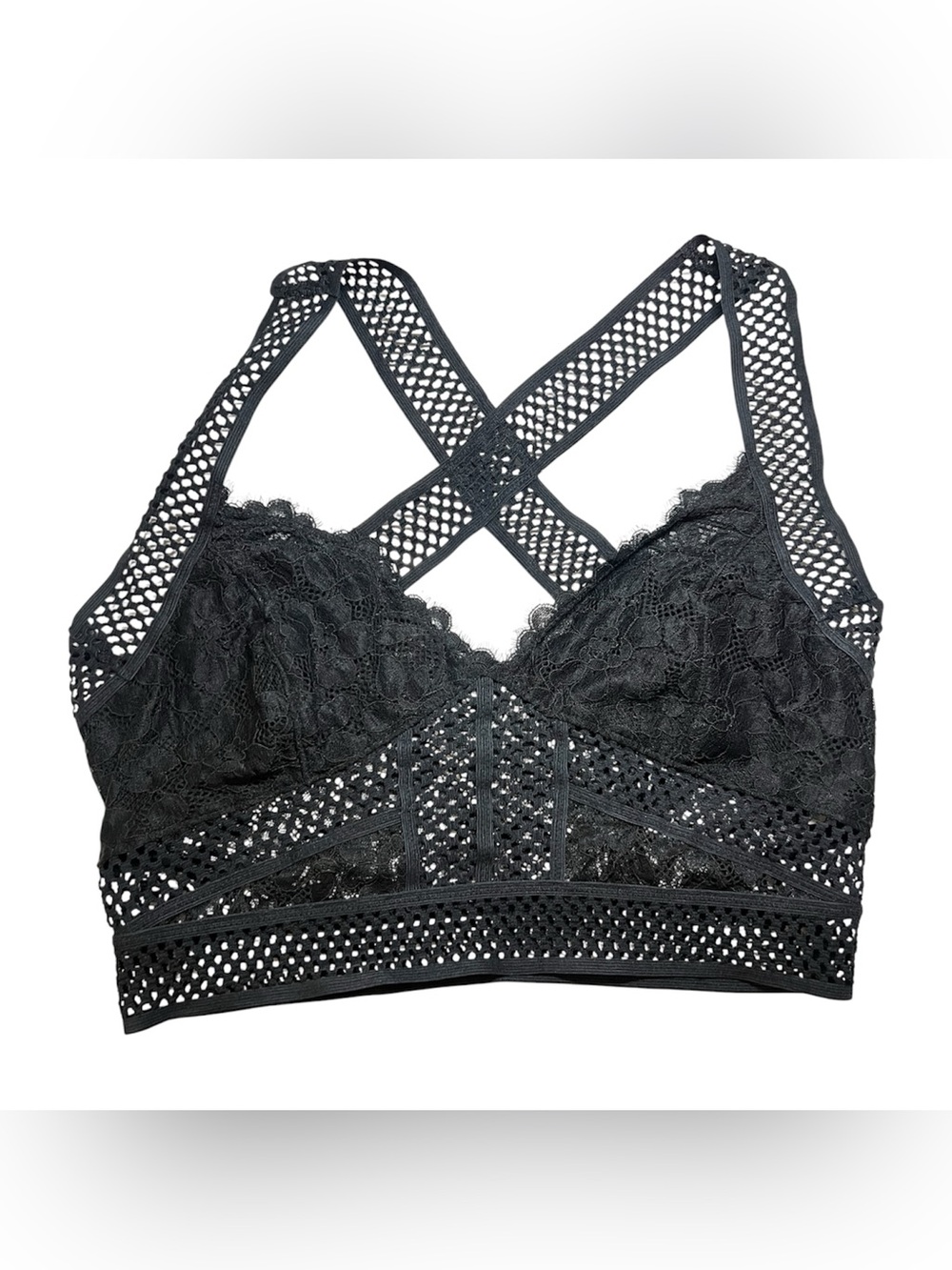 3/$20 💜 FREE PEOPLE Lace Fishnet Witchy Gothic Bralette Crisscross Racerback